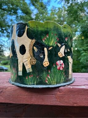 Hand-Painted Cow Motif Metal Planter - Green